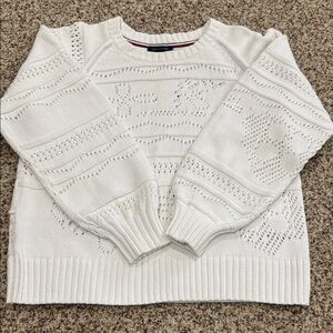 Tommy Hilfiger Women's White Open-Knit Crewneck crochet cotton Sweater